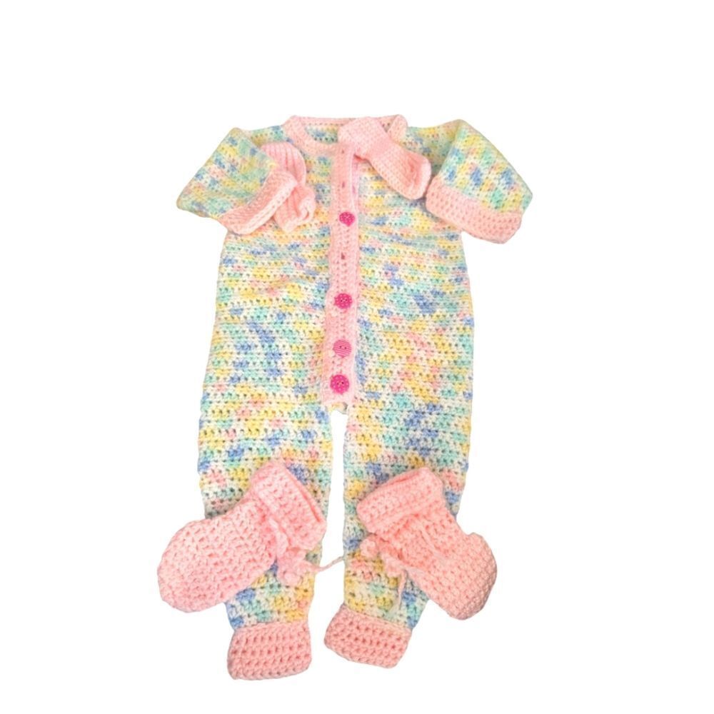 Pastel Rainbow infant handknitted romper with matching mittens and booties